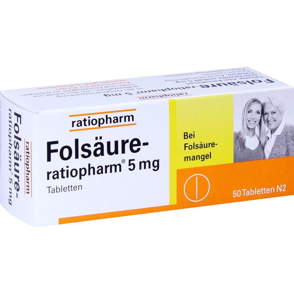 Eine Packung Folsäure-Tabletten von Ratiopharm.