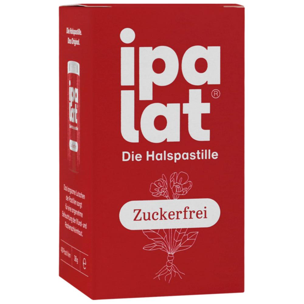 Rote Verpackung von zuckerfreien Halspastillen mit weißer Schrift.