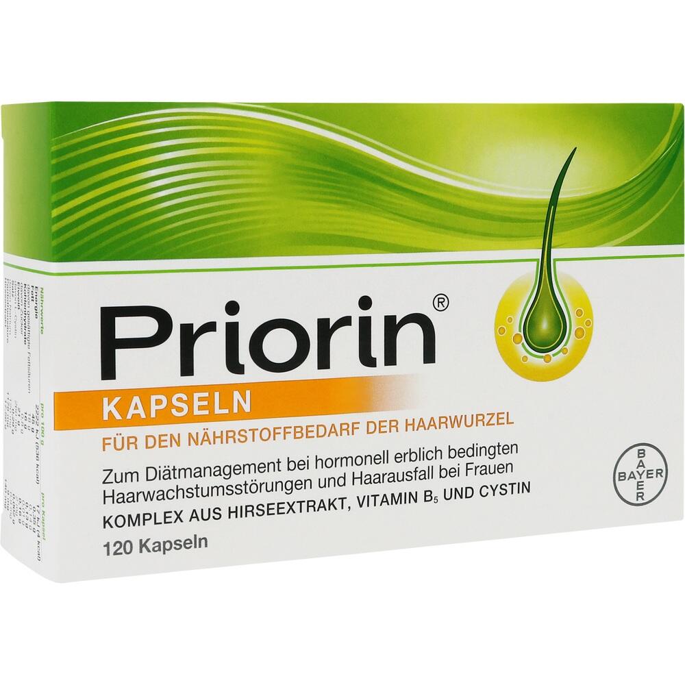 Grüne und weiße Verpackung von Priorin Kapseln für Haarnährstoffe.