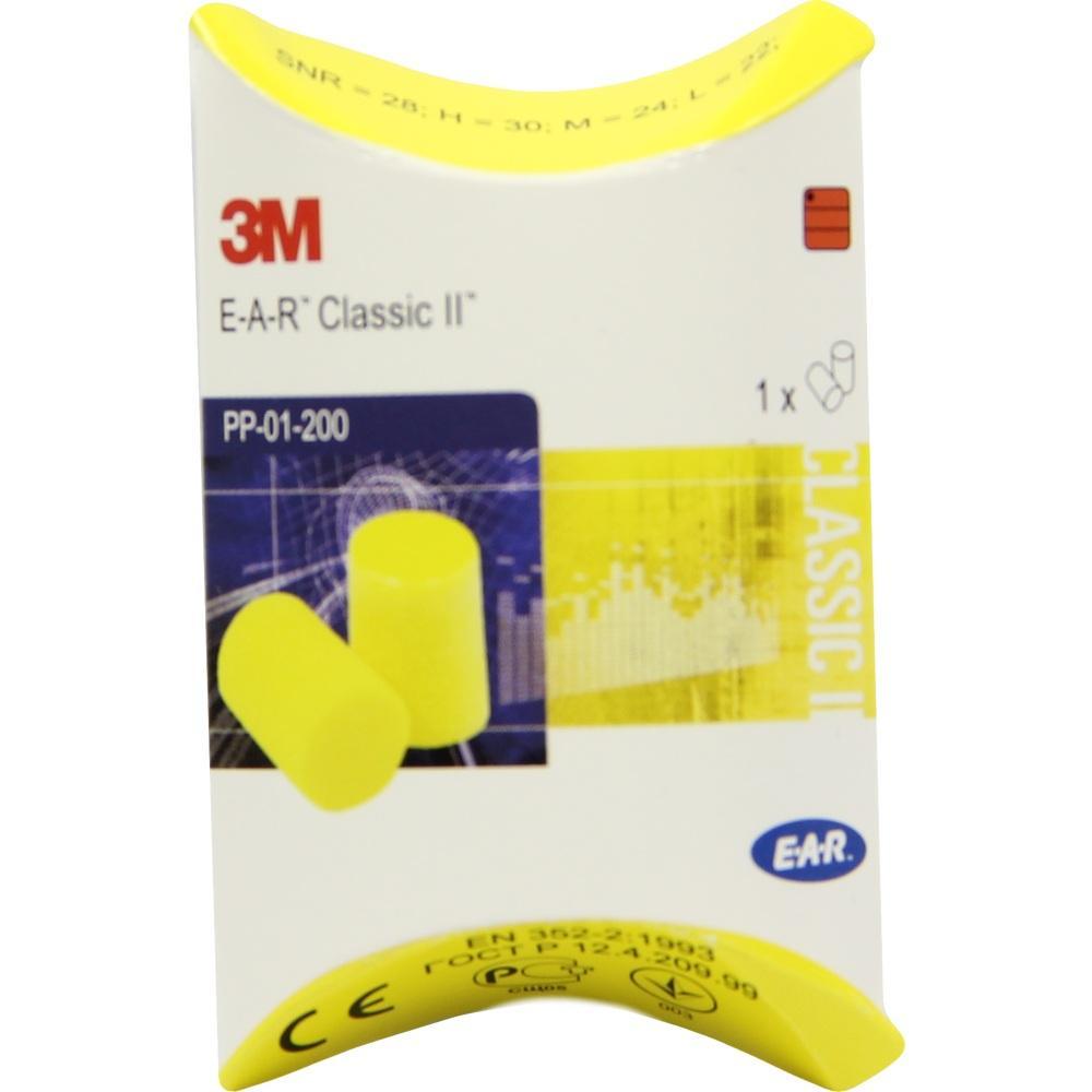 Gelbe Ohrstöpsel auf einer Verpackung von 3M E-A-R Classic II.
