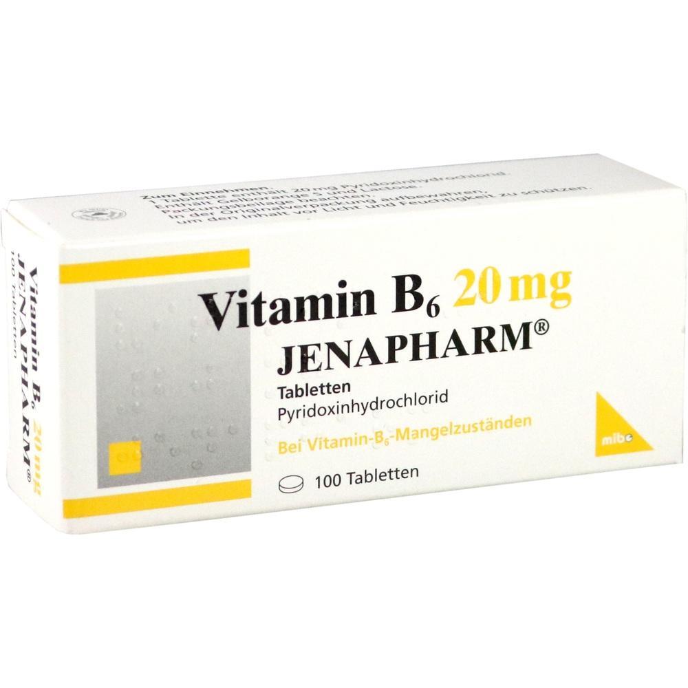 Eine Packung Vitamin B6 Tabletten mit 20 mg Dosierung.
