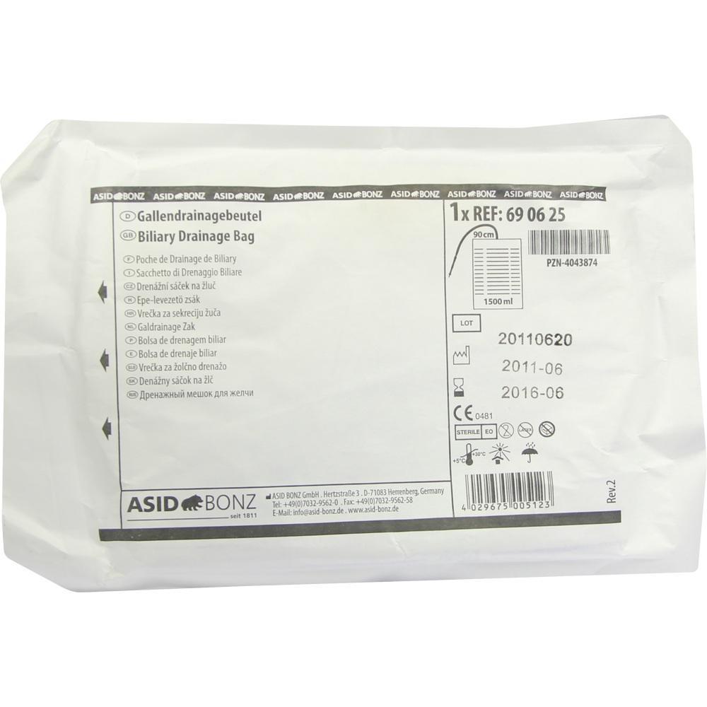 Wei&szlig;e Verpackung eines Gallendrainagebeutels mit mehrsprachigem Text und Symbolen.