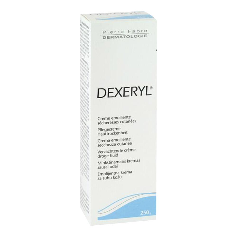 Weiße Packung mit der Aufschrift "Dexeryl", eine Pflegecreme gegen Hauttrockenheit.