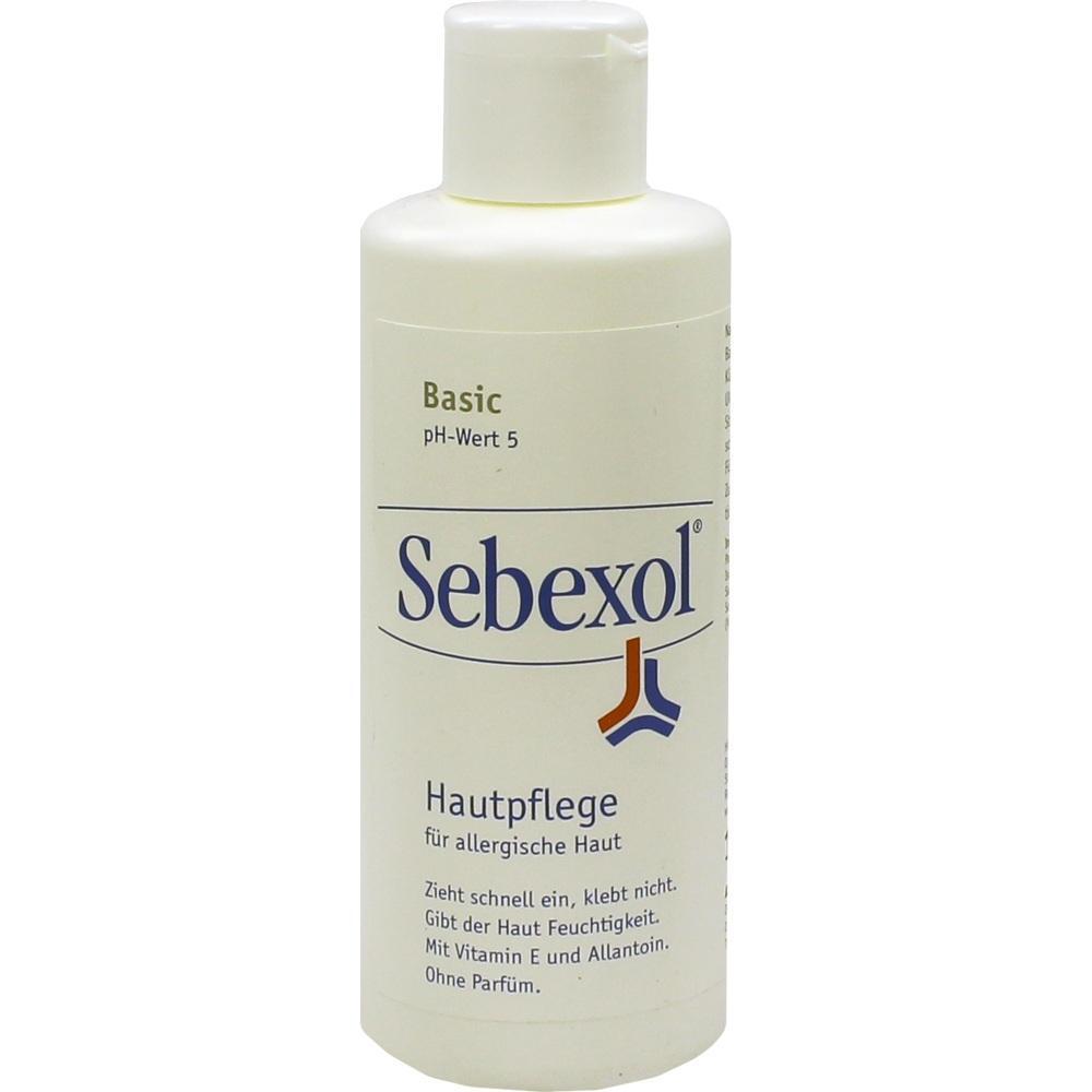 Weiße Flasche mit der Aufschrift "Sebexol", geeignet für empfindliche Haut.