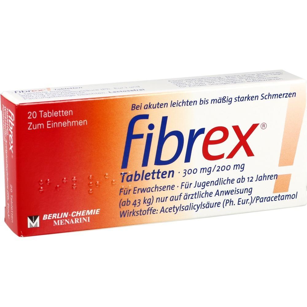 Eine orange-wei&szlig;e Packung mit Schmerztabletten namens Fibrex.
