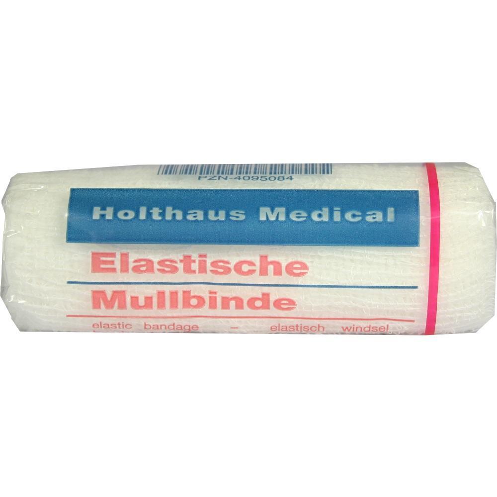 Eine elastische Mullbinde von Holthaus Medical, in Plastik verpackt.