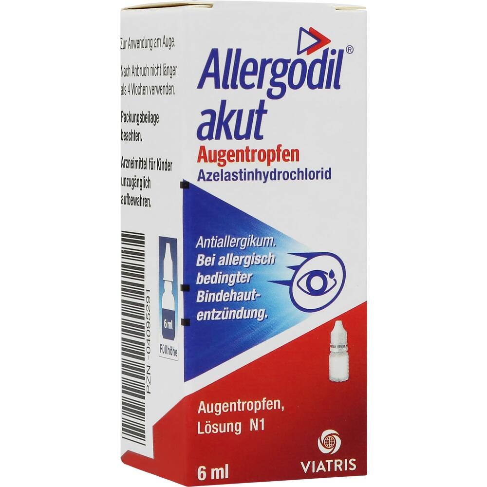 Verpackung von Allergodil akut Augentropfen gegen allergische Bindehautentzündung.