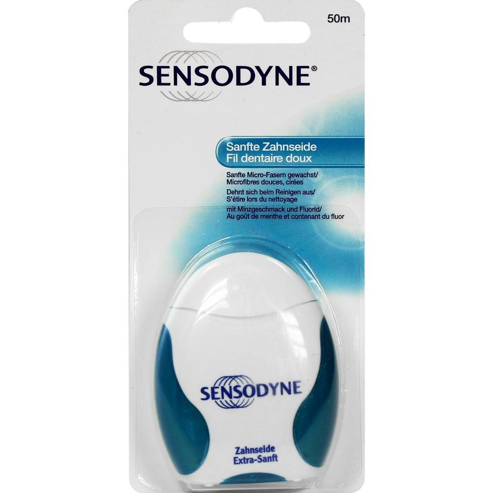 Verpackung von Sensodyne Zahnseide in blau-weißem Design.