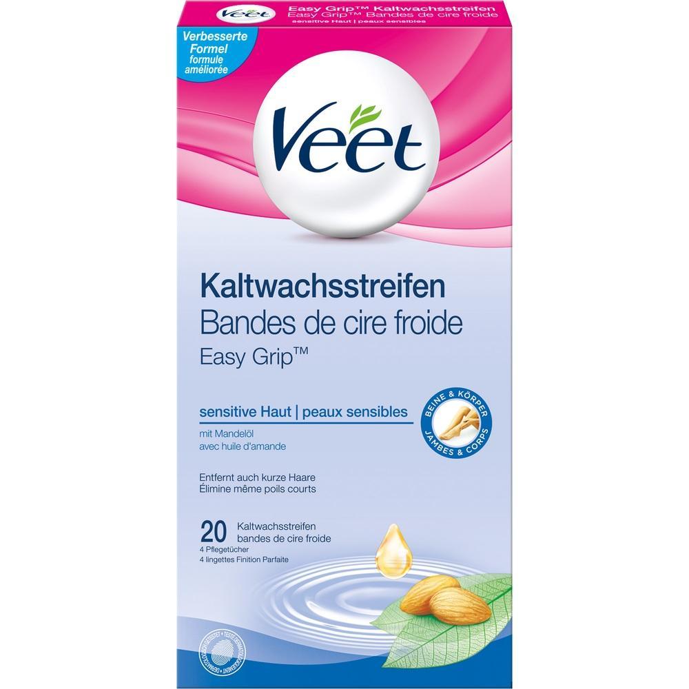 Eine Packung Veet Kaltwachsstreifen für empfindliche Haut mit Mandelöl.