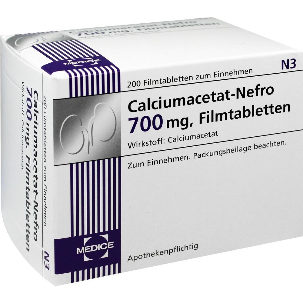 Eine weiße Medikamentenschachtel mit der Aufschrift "Calciumacetat-Nefro 700 mg".