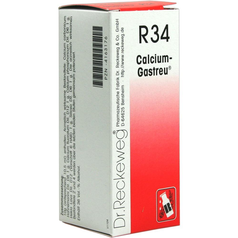 Kartonverpackung von Dr. Reckeweg R34 Calcium-Gastreu vor wei&szlig;em Hintergrund.