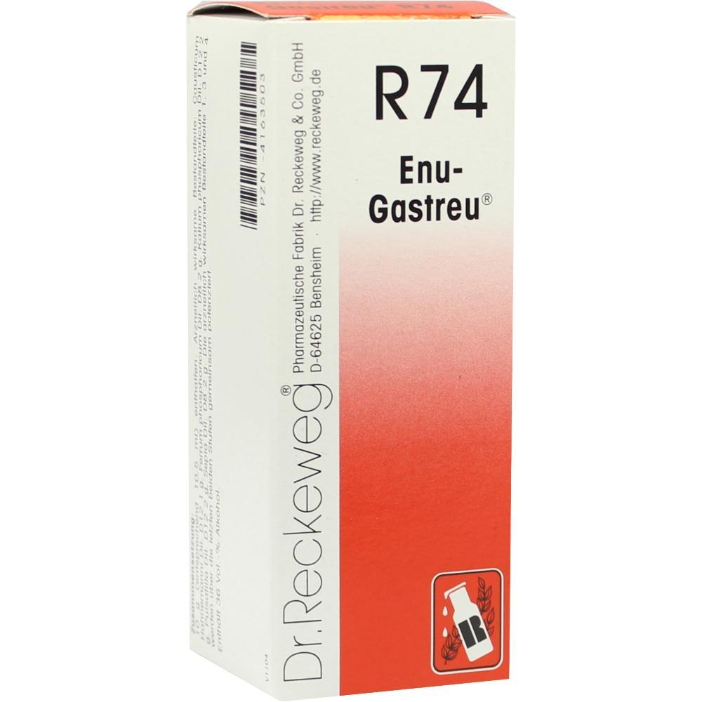 Eine Verpackung von Dr. Reckeweg mit der Aufschrift R74 Enu-Gastreu.