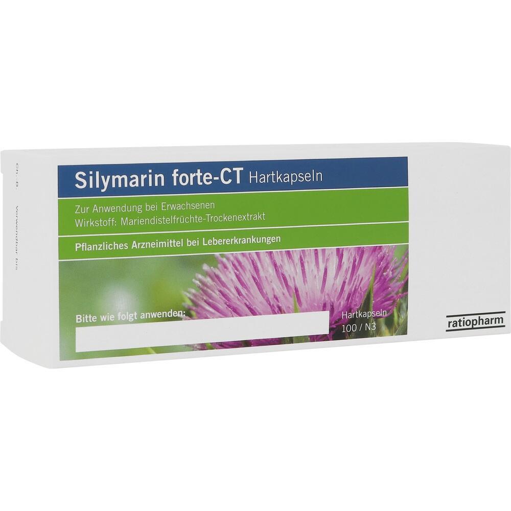 Verpackung von Silymarin forte-CT Hartkapseln mit Bild einer lila Blume.