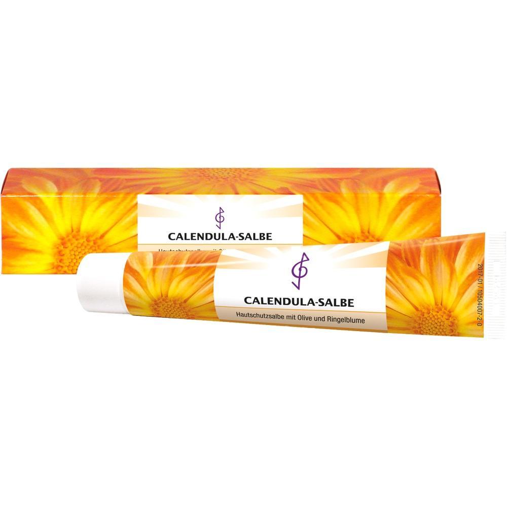 Gelbe Tube und Schachtel mit der Aufschrift "Calendula-Salbe".