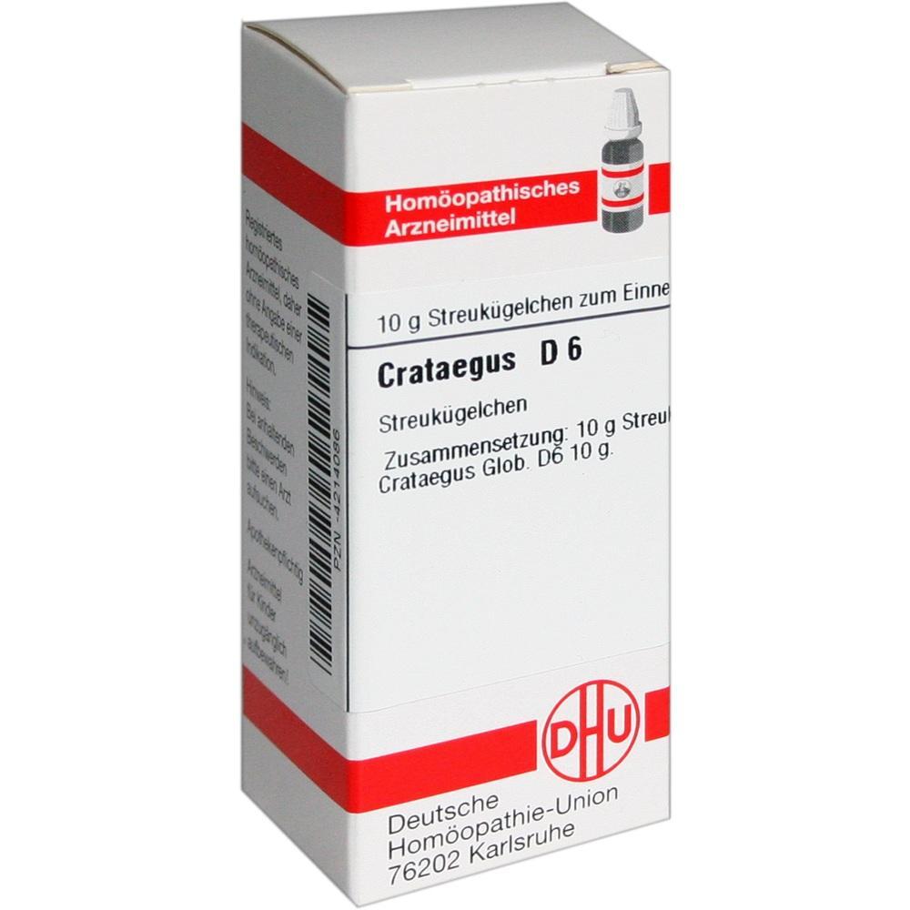 Weiß-rote Verpackung mit homöopathischen Kügelchen, Crataegus D6, von DHU.