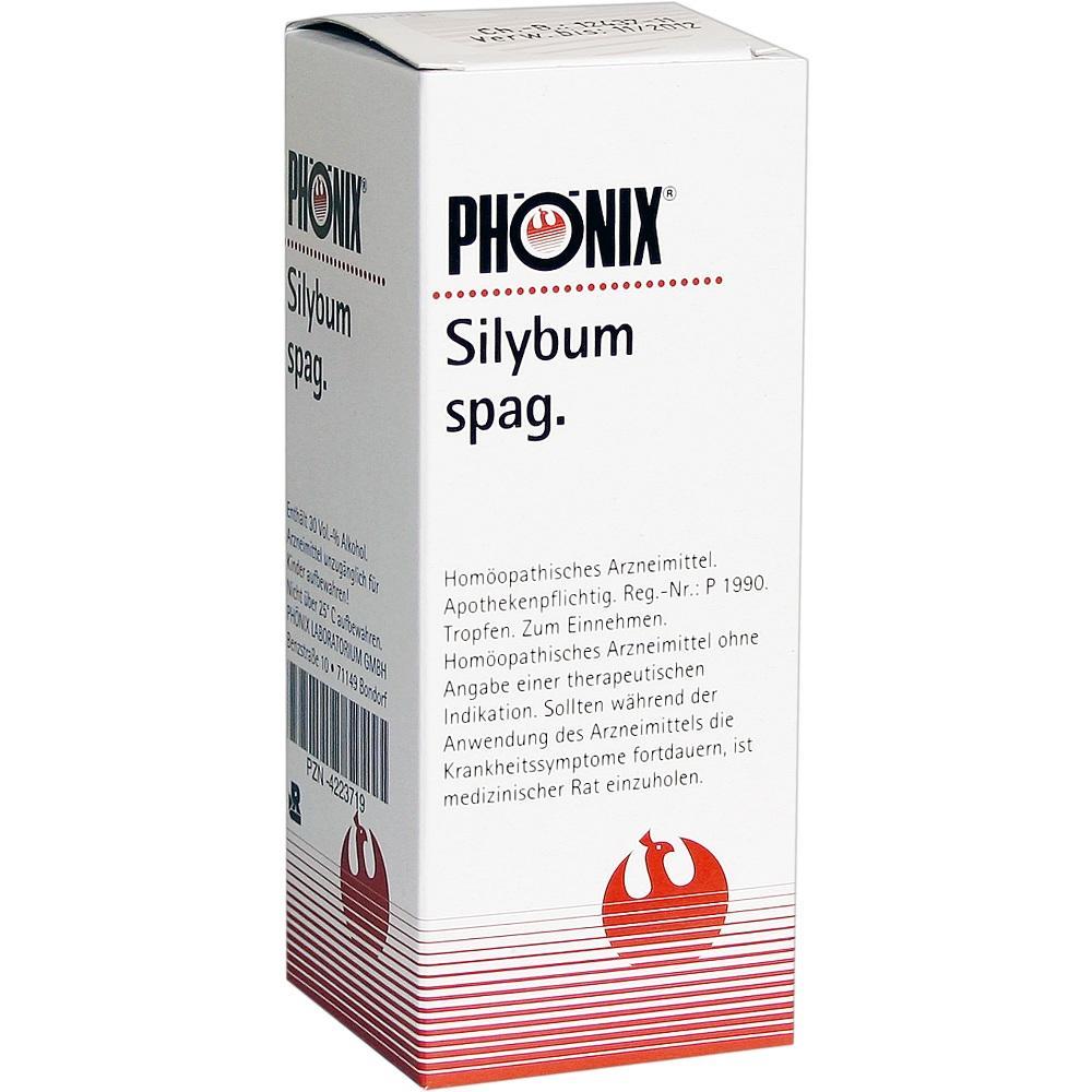 Weiße Verpackung mit der Aufschrift "PHÖNIX Silybum spag.", ein homöopathisches Arzneimittel.