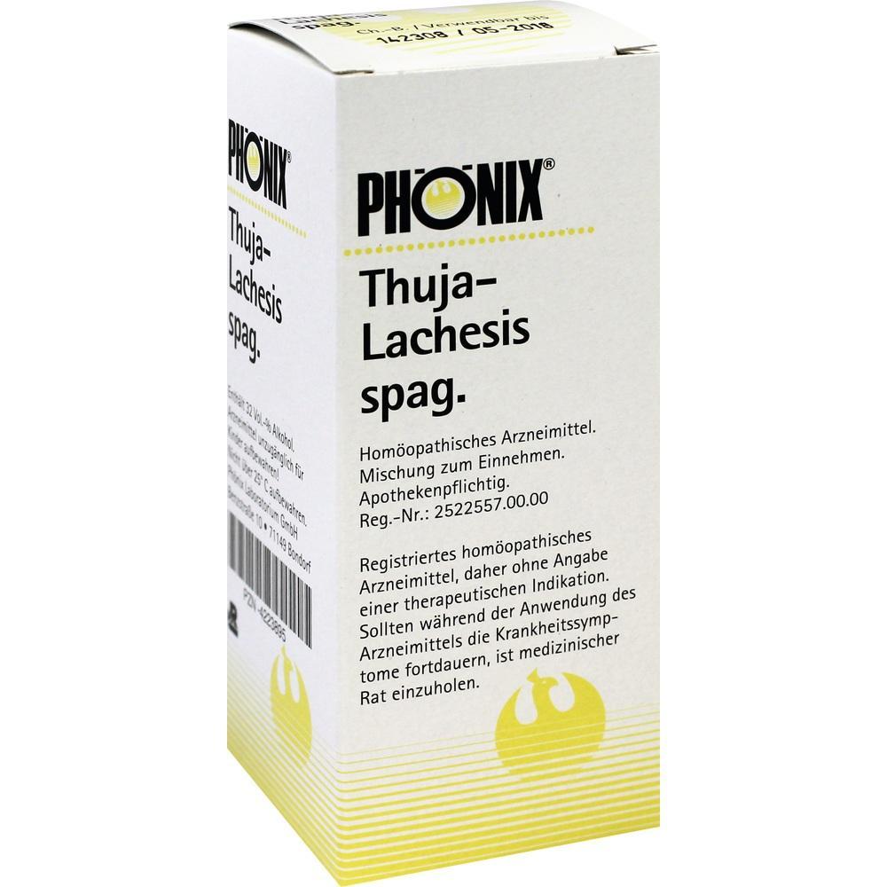 Weiße Schachtel mit der Aufschrift "PHÖNIX Thuja-Lachesis spag.", ein homöopathisches Arzneimittel.