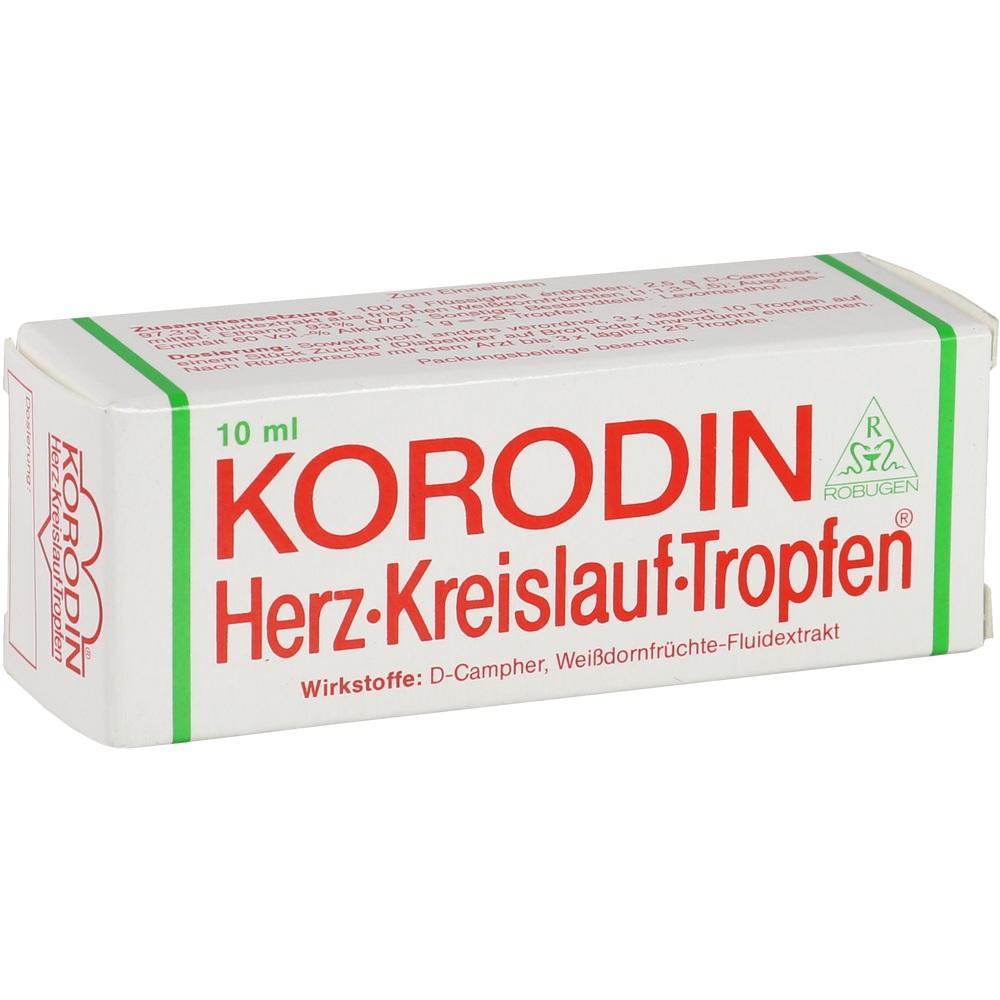 Ein weißer Karton mit dem Aufdruck "KORODIN Herz-Kreislauf-Tropfen".