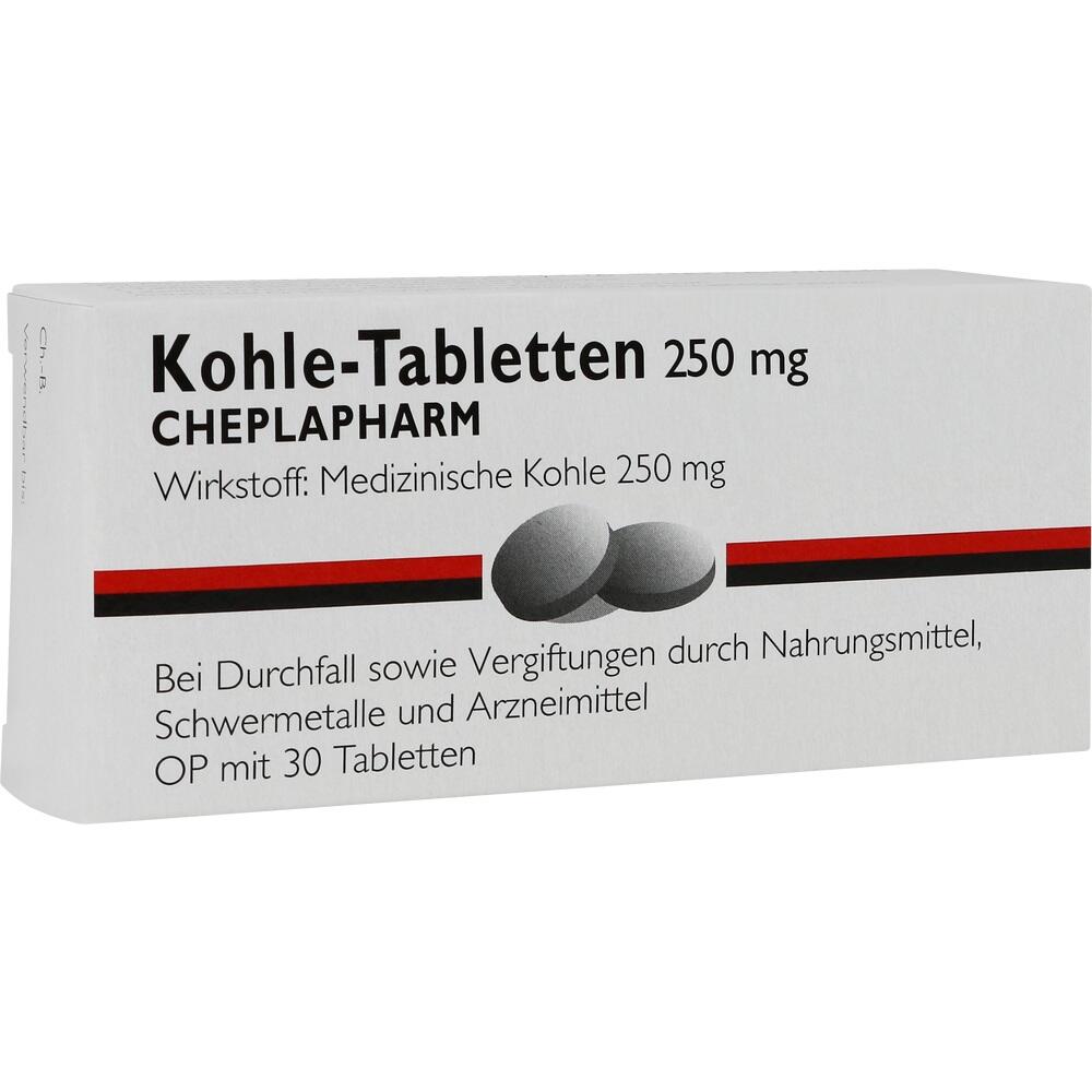 Eine Packung mit Kohle-Tabletten für Durchfall und Vergiftungen.