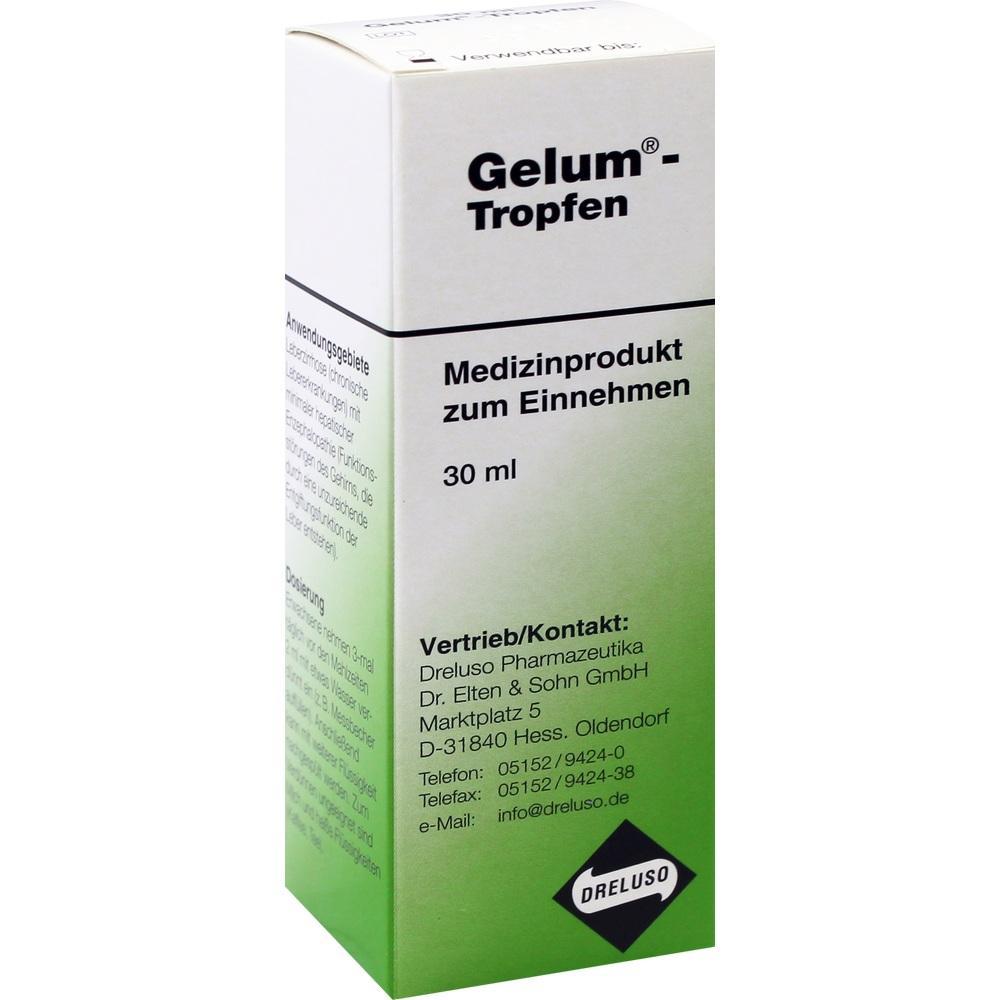 Gelum-Tropfen-Packung mit 30 ml Medizinprodukt zum Einnehmen.
