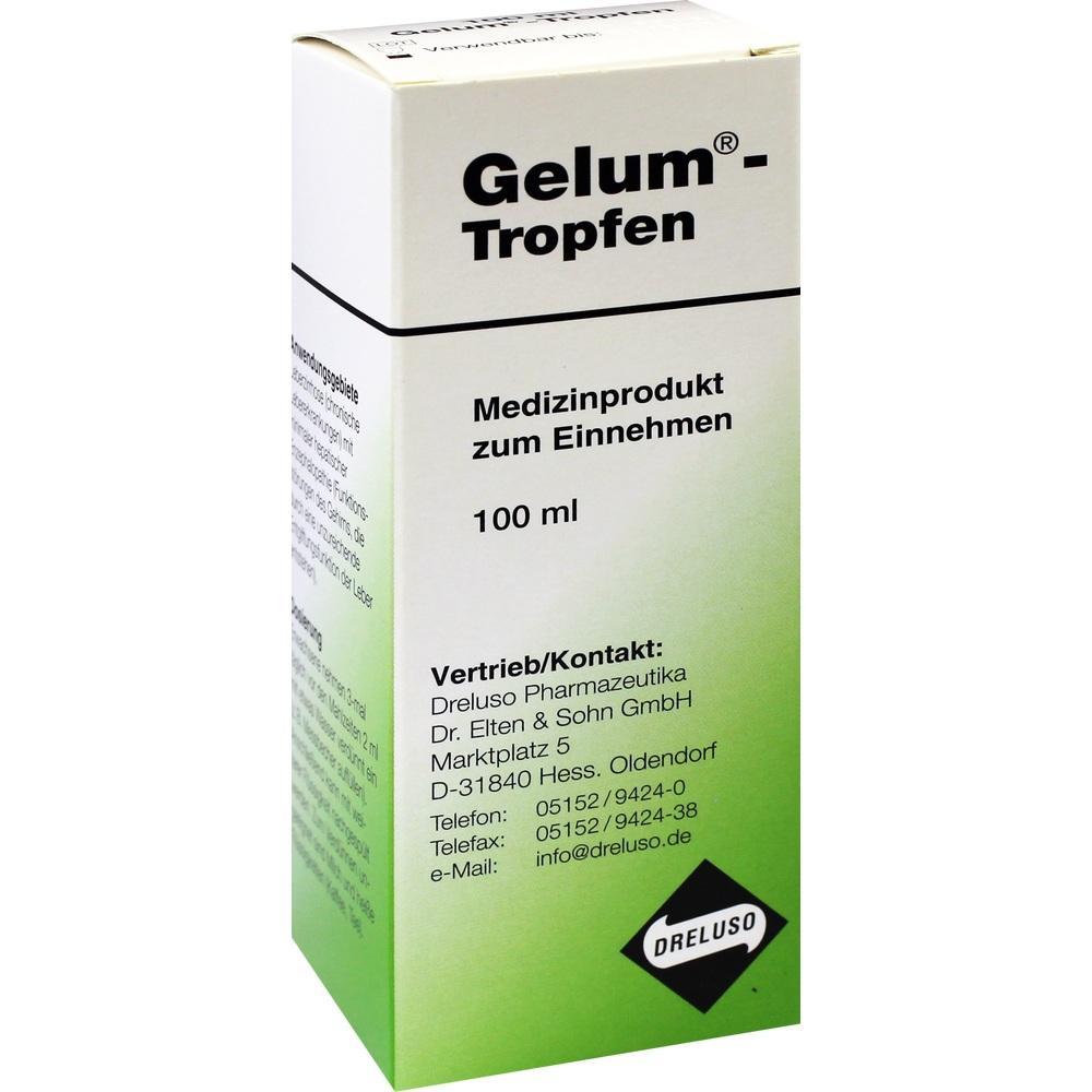 Weiße Verpackung von Gelum-Tropfen, einem Medizinprodukt zum Einnehmen, 100 ml.