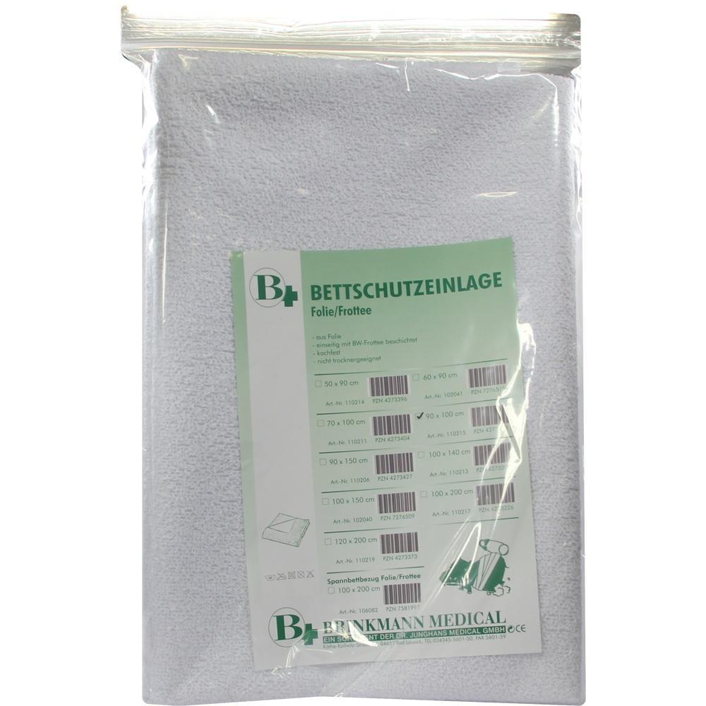 Verpackte Bettschutzauflage aus Folie und Frottee mit grünem Etikett.