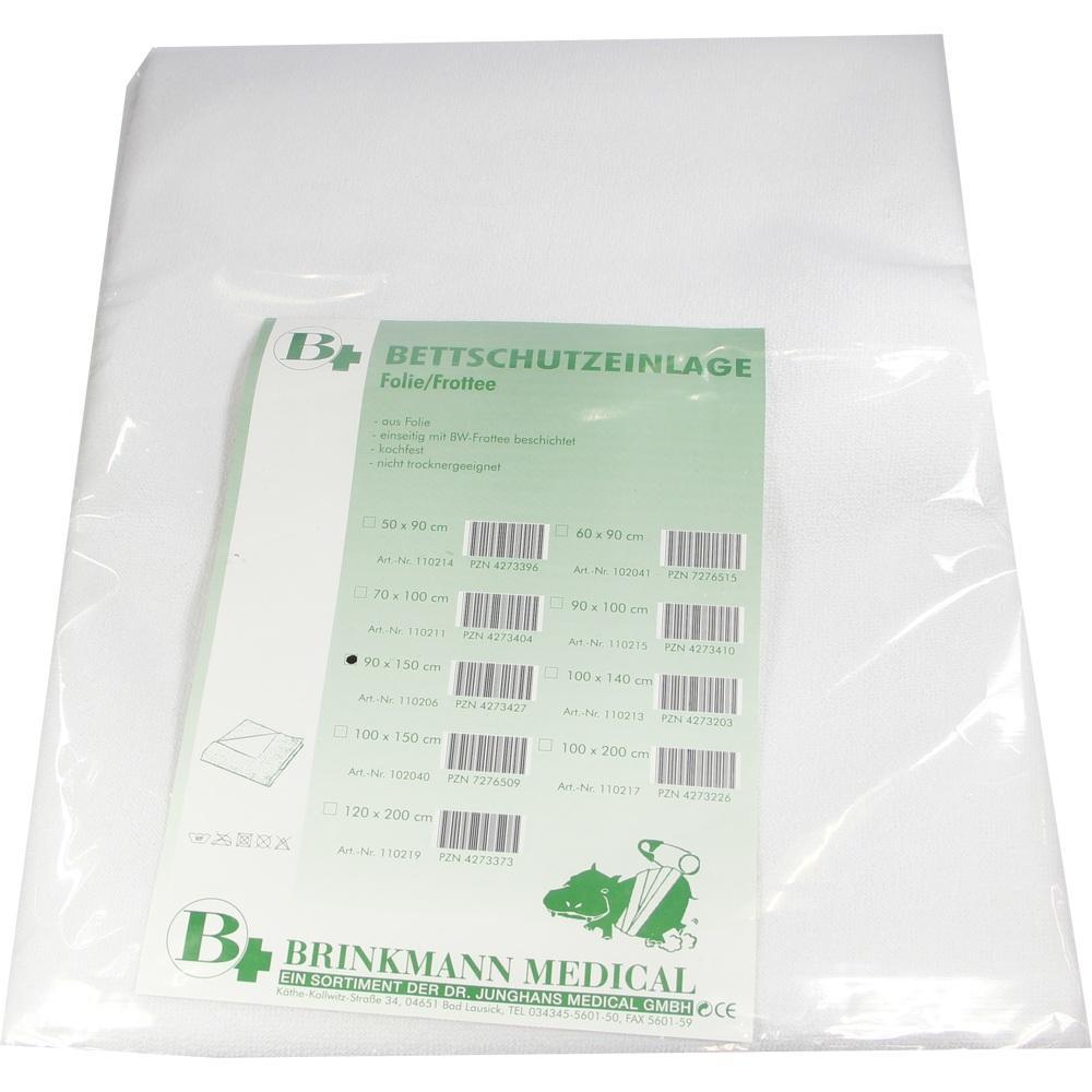 Weiße Bettschutzfolie in Verpackung mit grünem Etikett und Größenangaben.