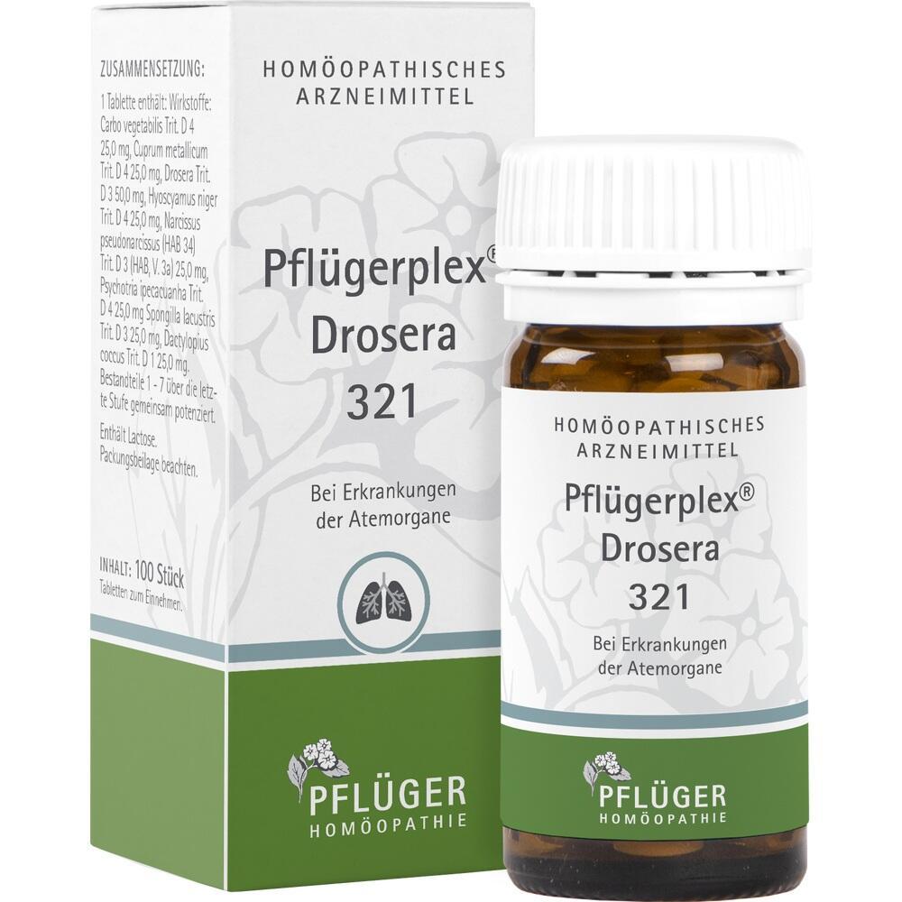 Braunes Glasfl&auml;schchen und Packung mit Aufschrift "Pfl&uuml;ger Hom&ouml;opathie Drosera 321".