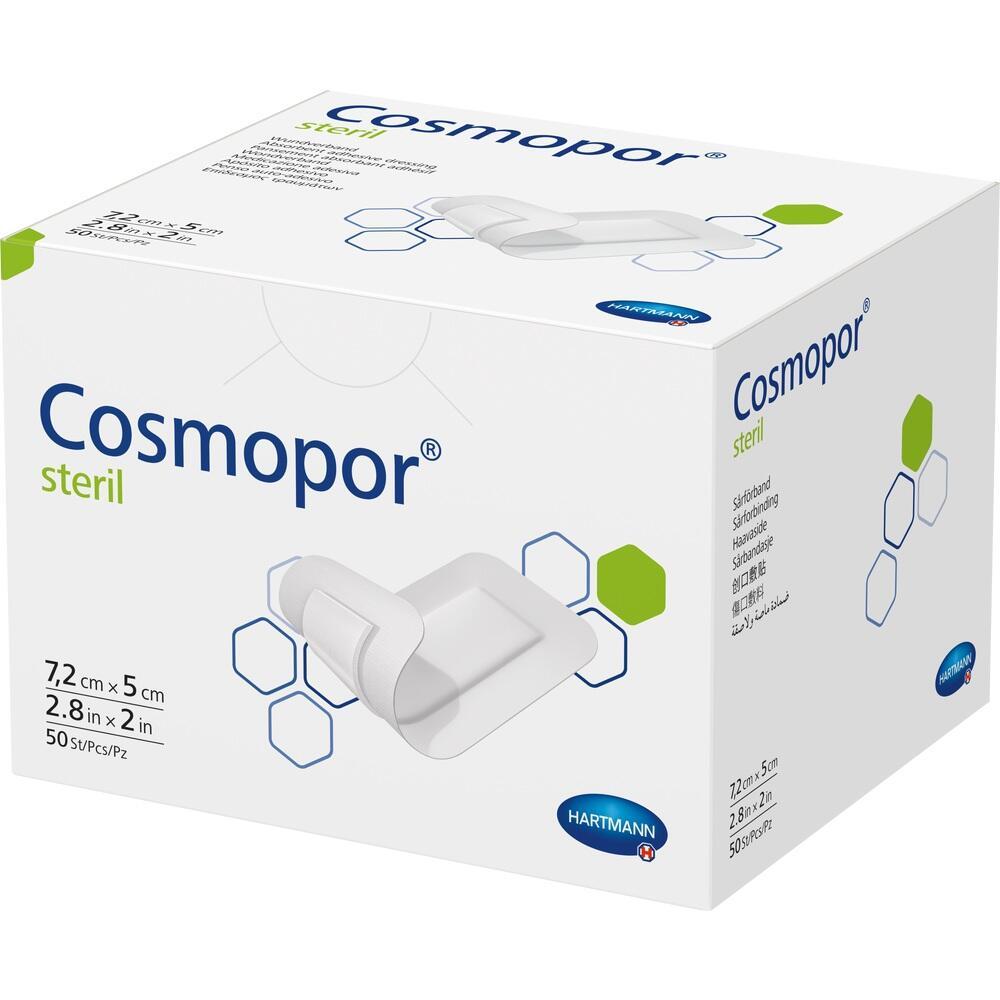 Weiße Verpackung von Cosmopor sterilen Verbandpäckchen mit Logo und Größenangabe.