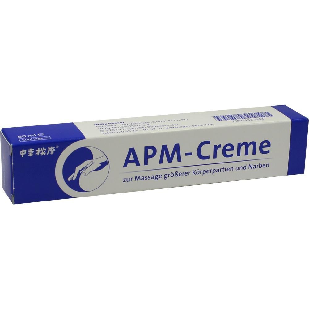 Eine weiße und blaue Schachtel mit der Aufschrift "APM-Creme" zur Massage.