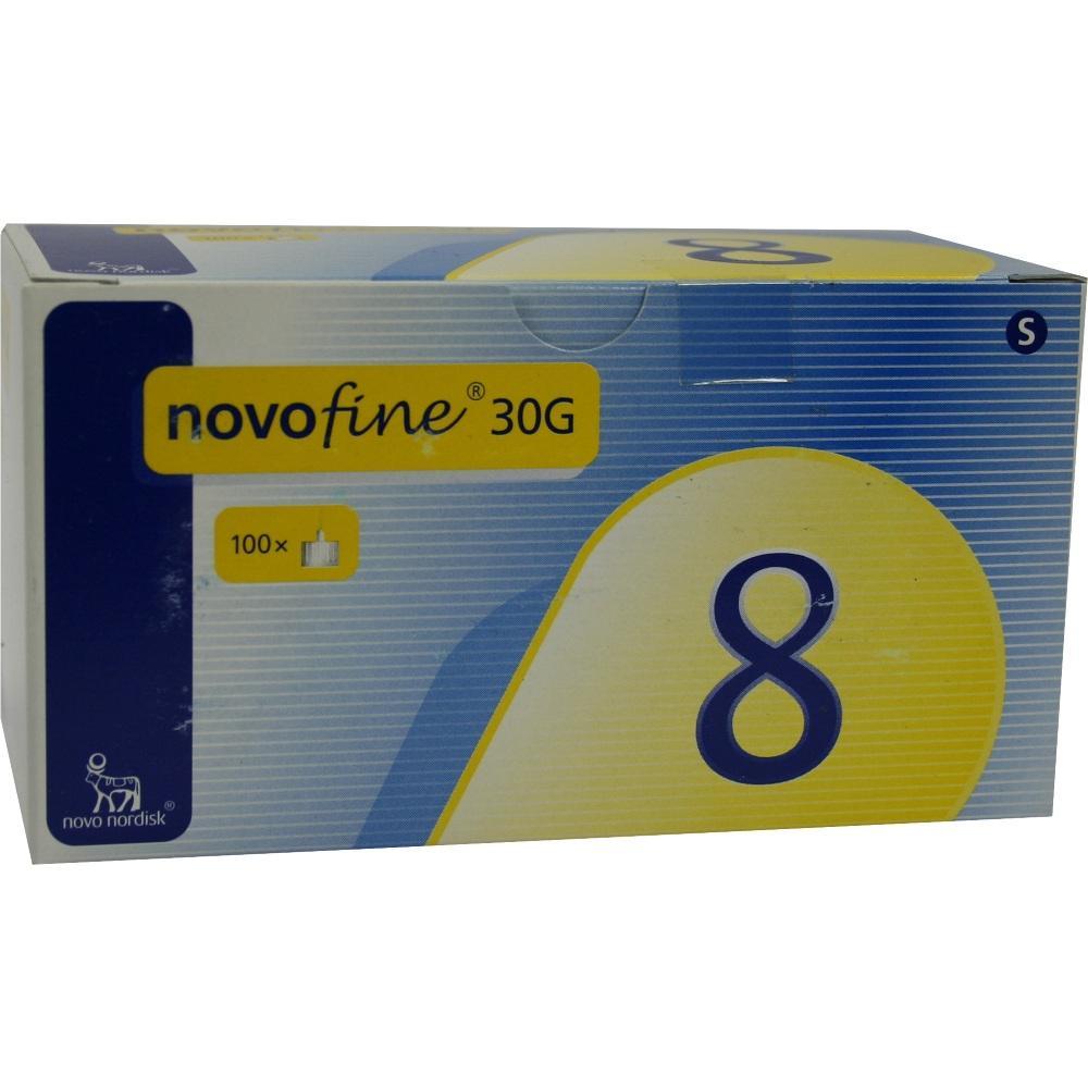 Gelbe und blaue Schachtel von Nadeln mit der Aufschrift "novofine 30G" und einer gro&szlig;en 8.