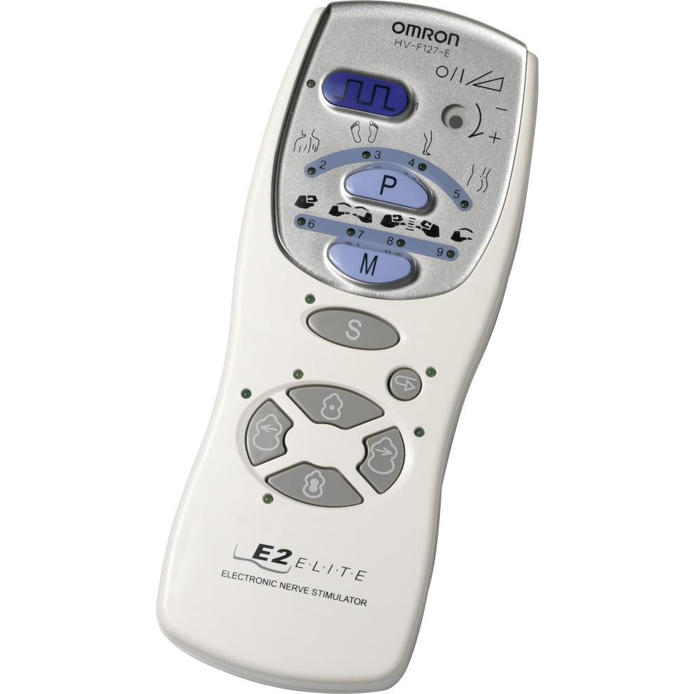 Eine weiße Fernbedienung mit Tasten und Symbolen zur Nervenstimulation.