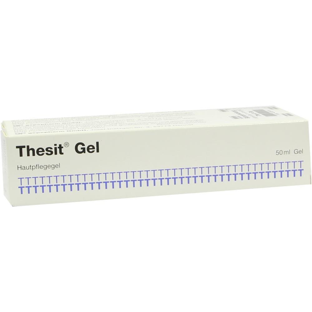 Eine weiße Schachtel mit der Aufschrift "Thesit Gel" für Hautpflege.