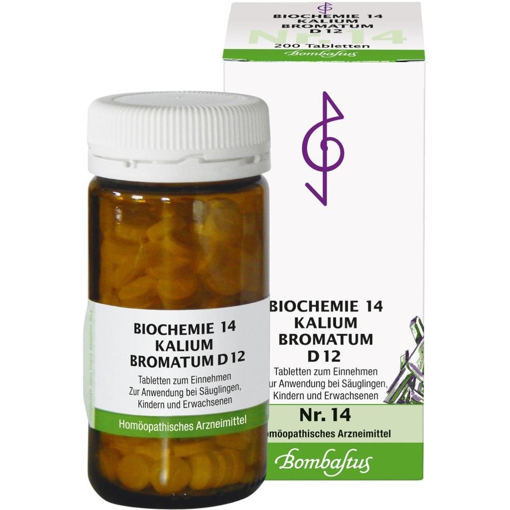 Braune Arzneiflasche und weiße Schachtel mit der Aufschrift „Biochemie 14 Kalium Bromatum D12“.
