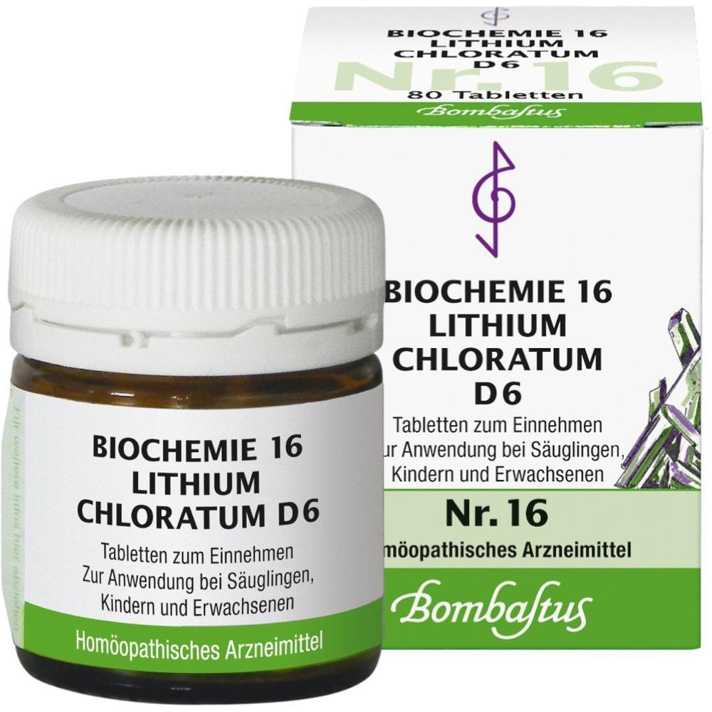 Braunglasfläschchen und Schachtel mit homöopathischen Tabletten namens "Biochemie 16".