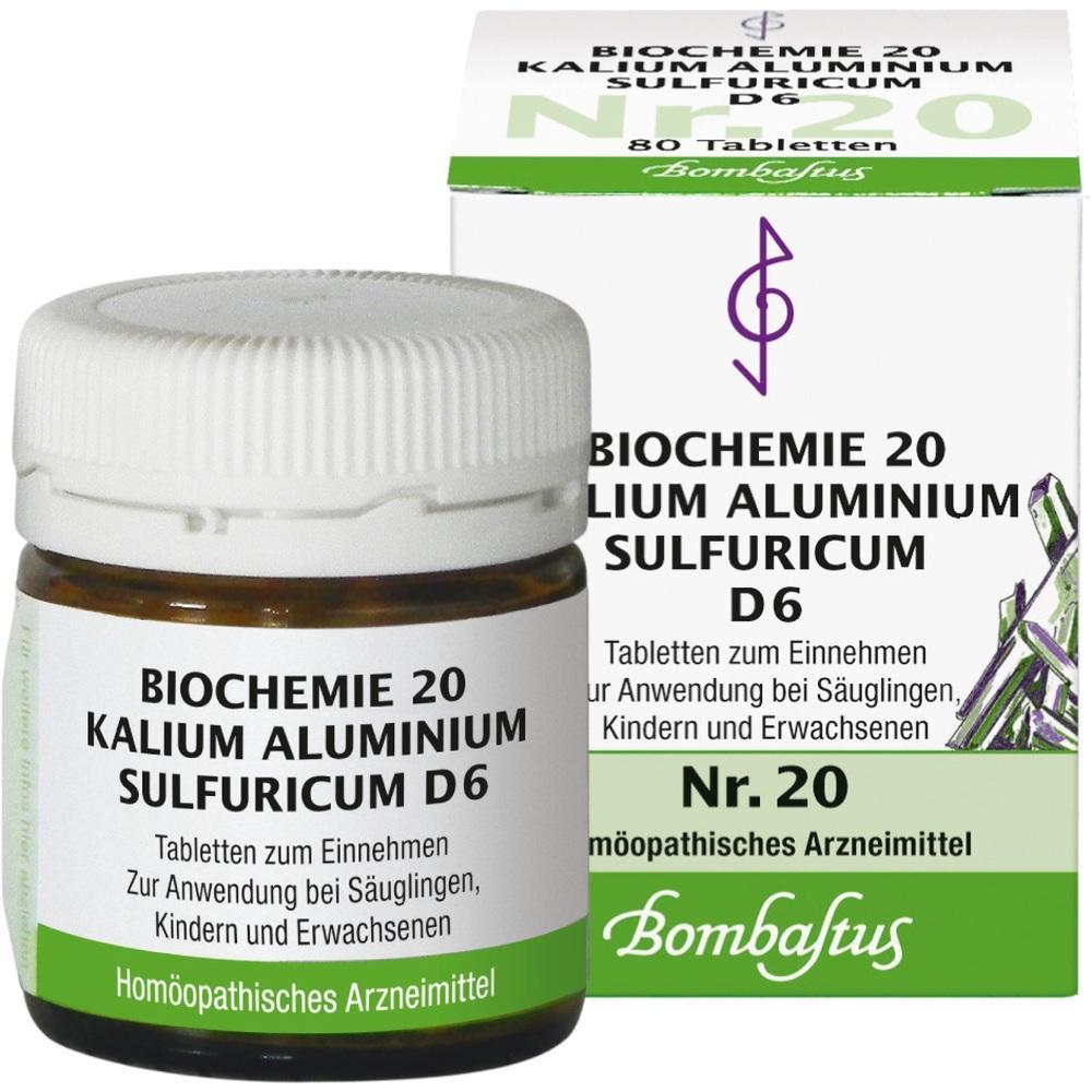Braunglasflasche und Schachtel mit homöopathischem Arzneimittel "Biochemie 20" D6 Tabletten.