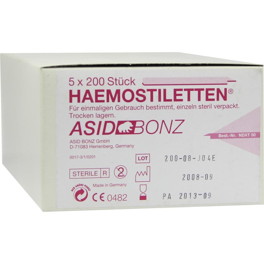Wei&szlig;e Verpackung von Haemostiletten der Marke ASID BONZ f&uuml;r einmaligen Gebrauch.