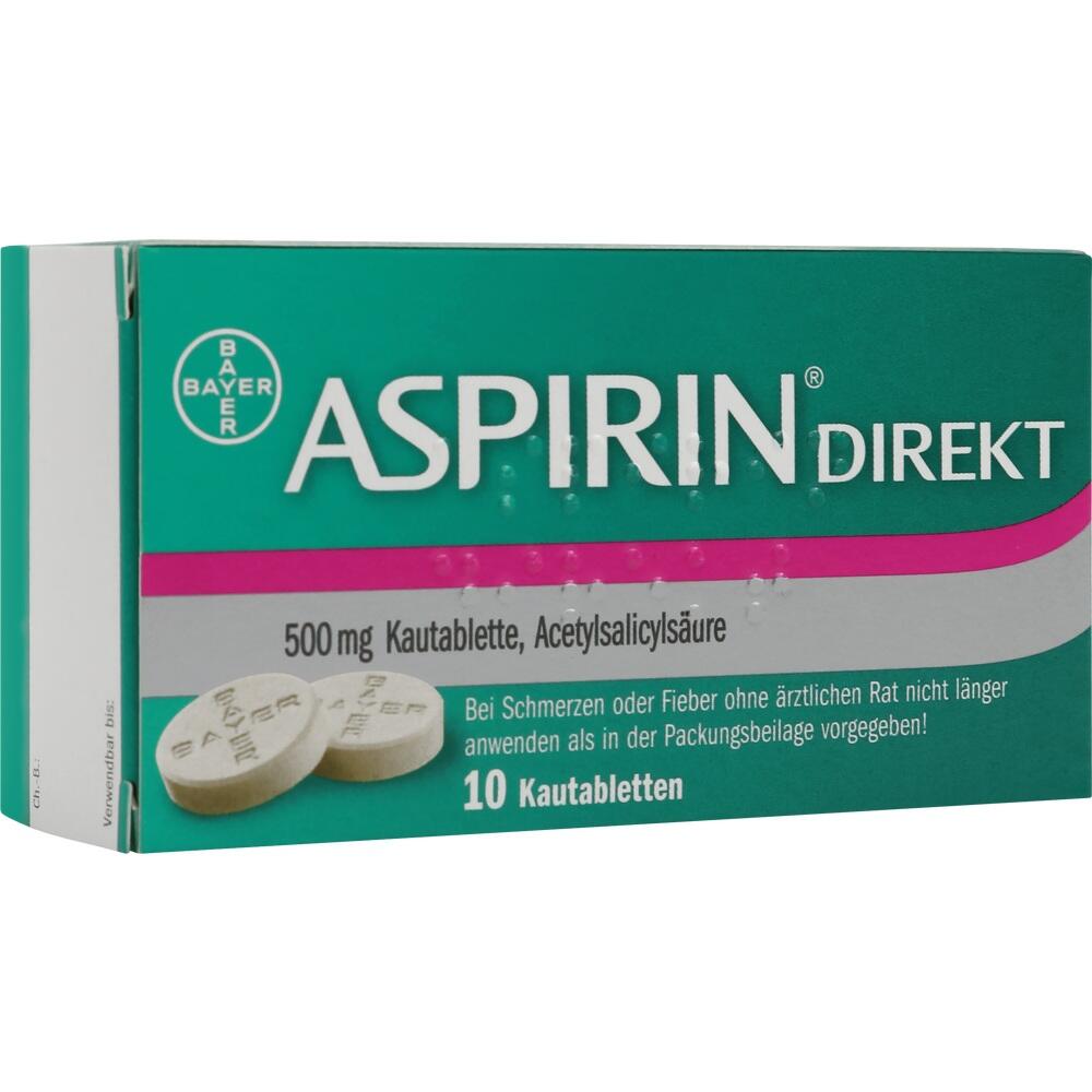 Eine grüne Aspirin-Direkt-Packung mit 10 Kautabletten.