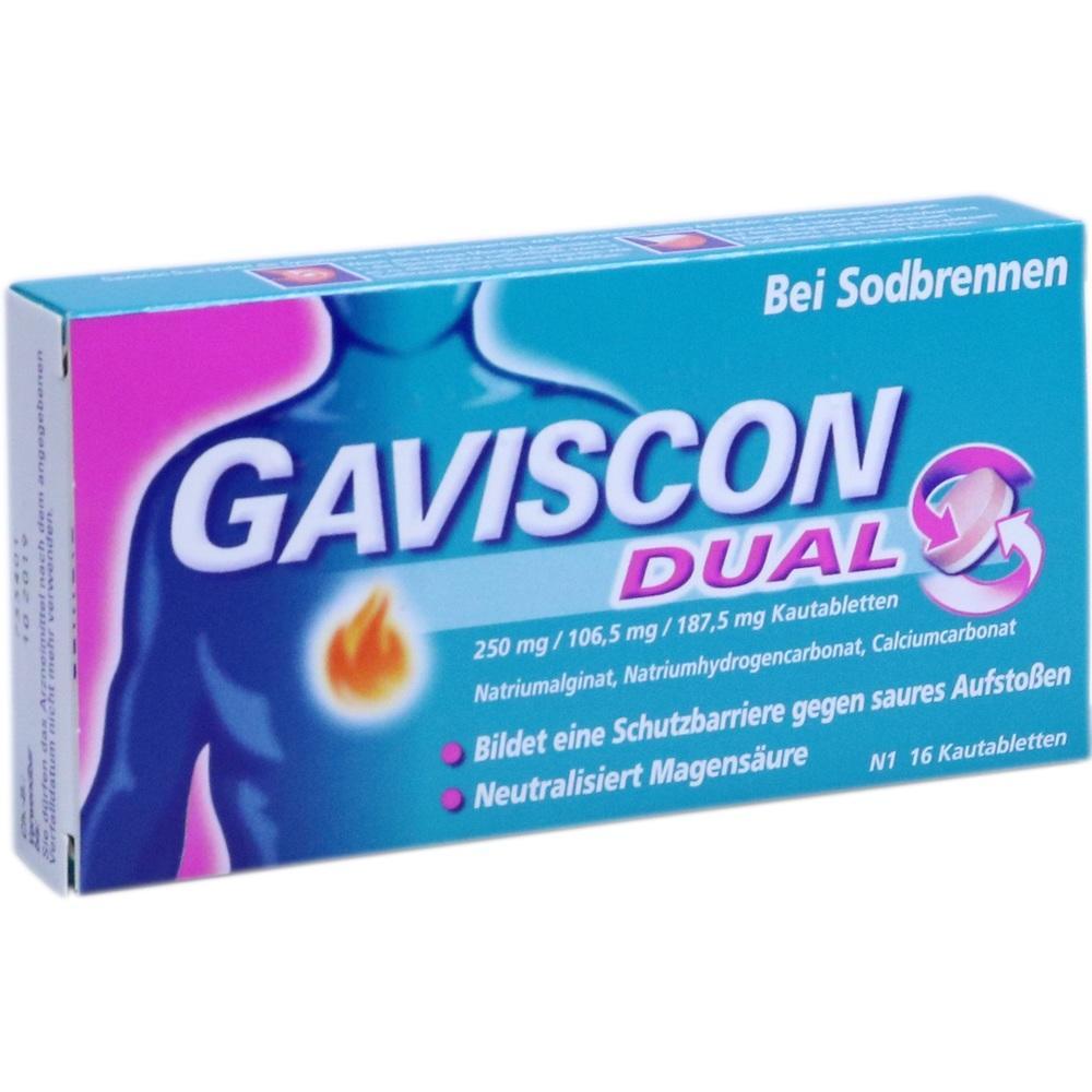 Eine Packung Gaviscon Dual für die Behandlung von Sodbrennen.