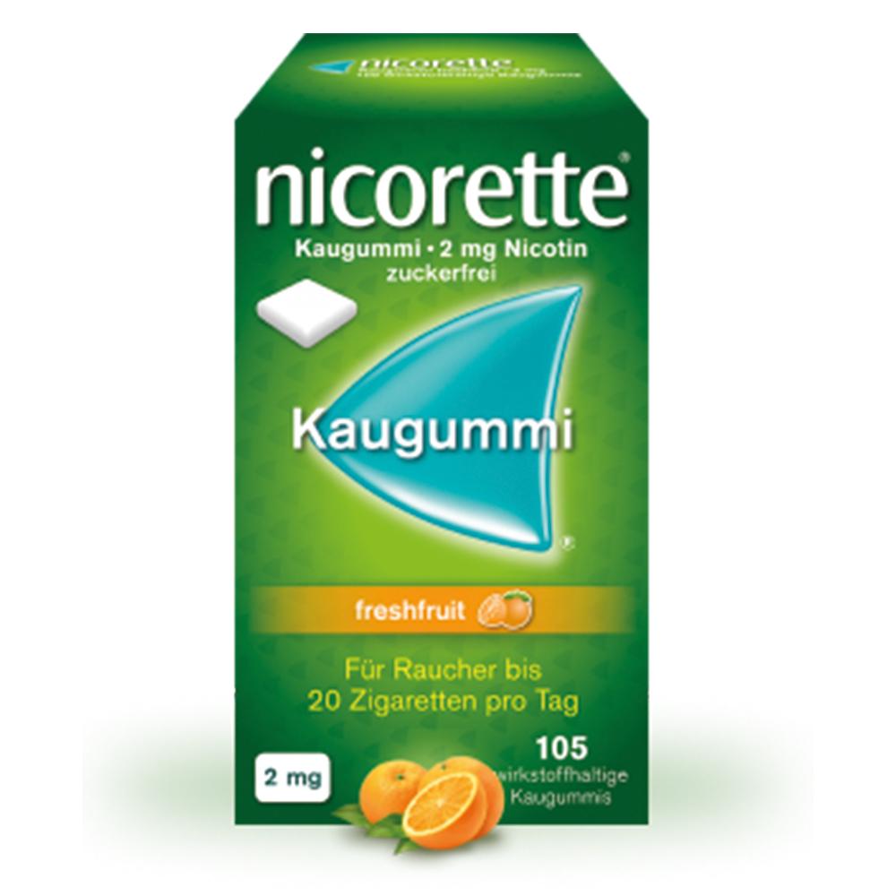 Grüne Verpackung von zuckerfreiem Nicorette-Kaugummi, 2 mg, freshfruit-Geschmack.