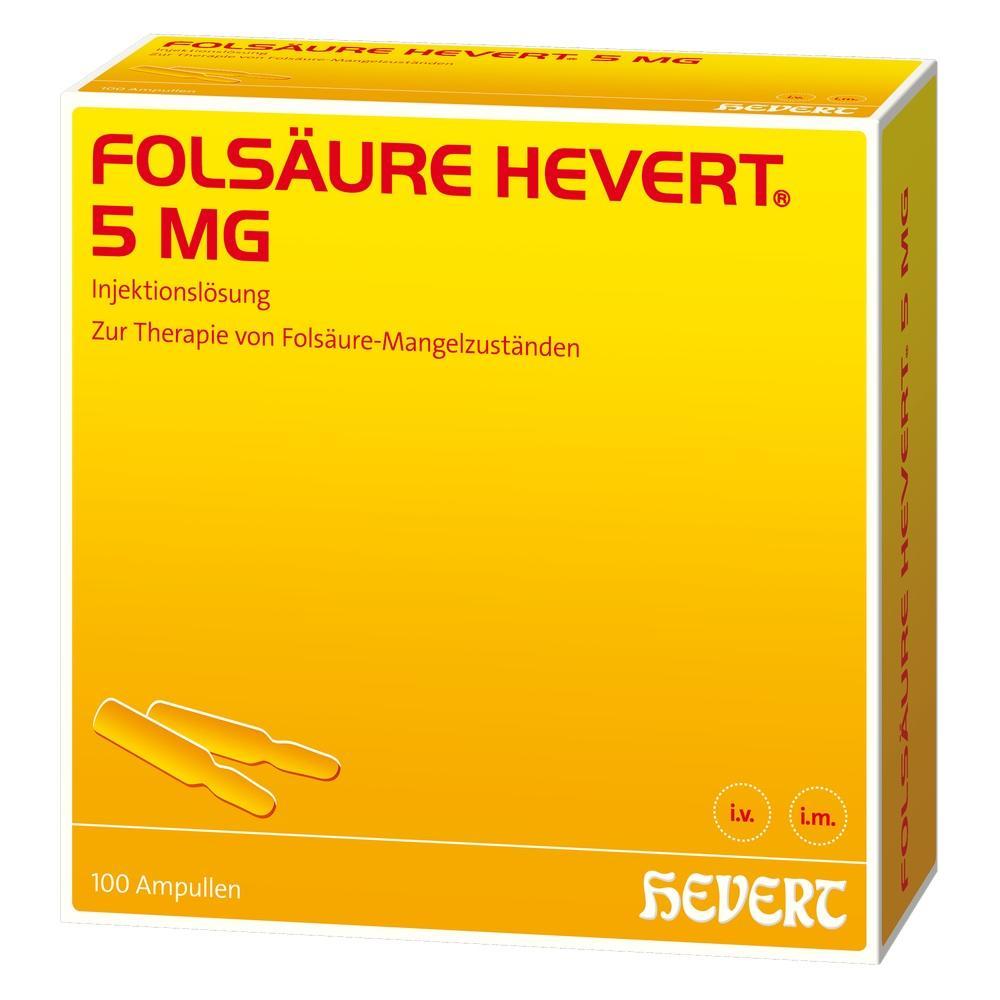 Gelbe Packung mit Folsäure-Hevert 5 mg Ampullen gegen Folsäuremangel.