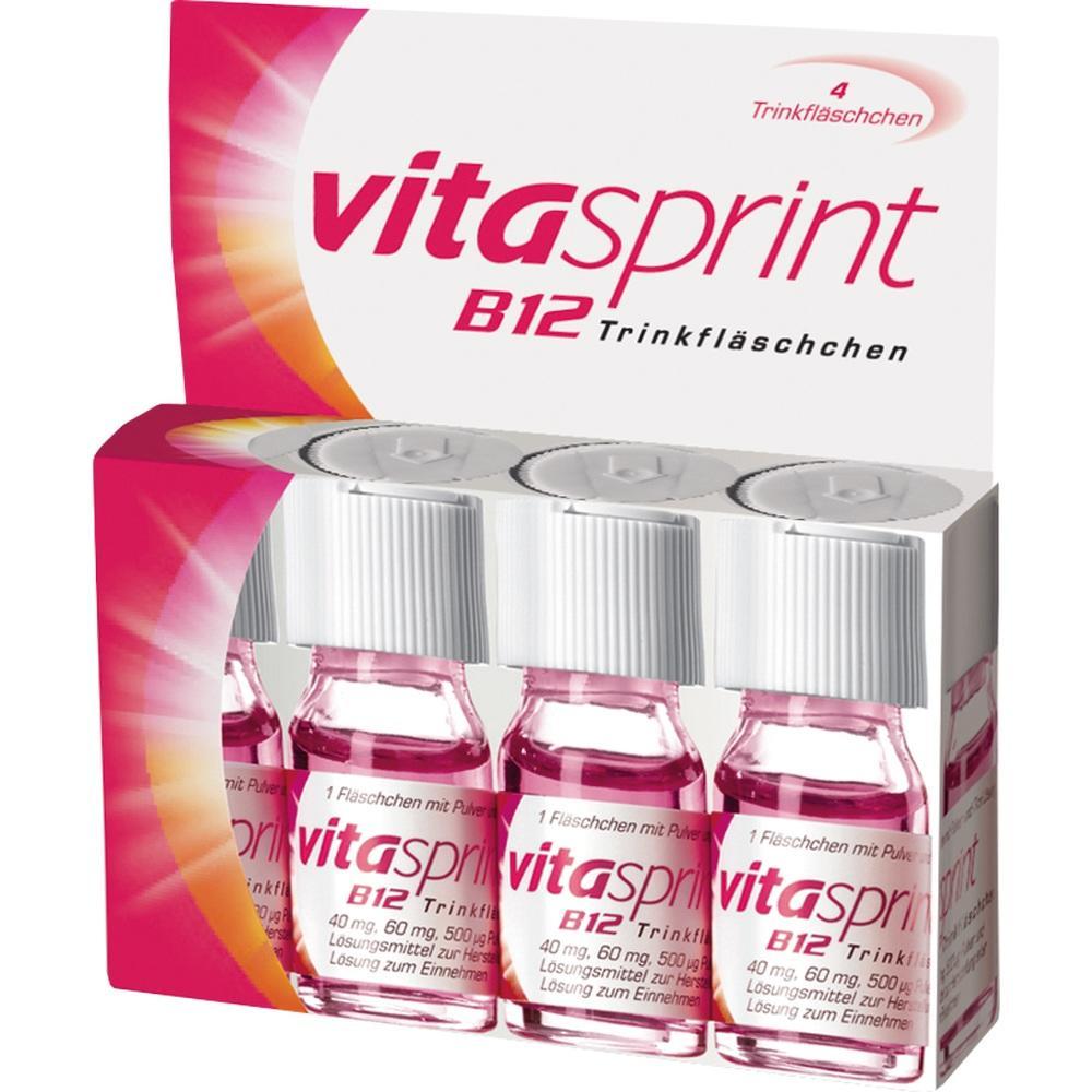 Eine Packung mit vier kleinen, pink gefüllten Fläschchen "Vitasprint B12".