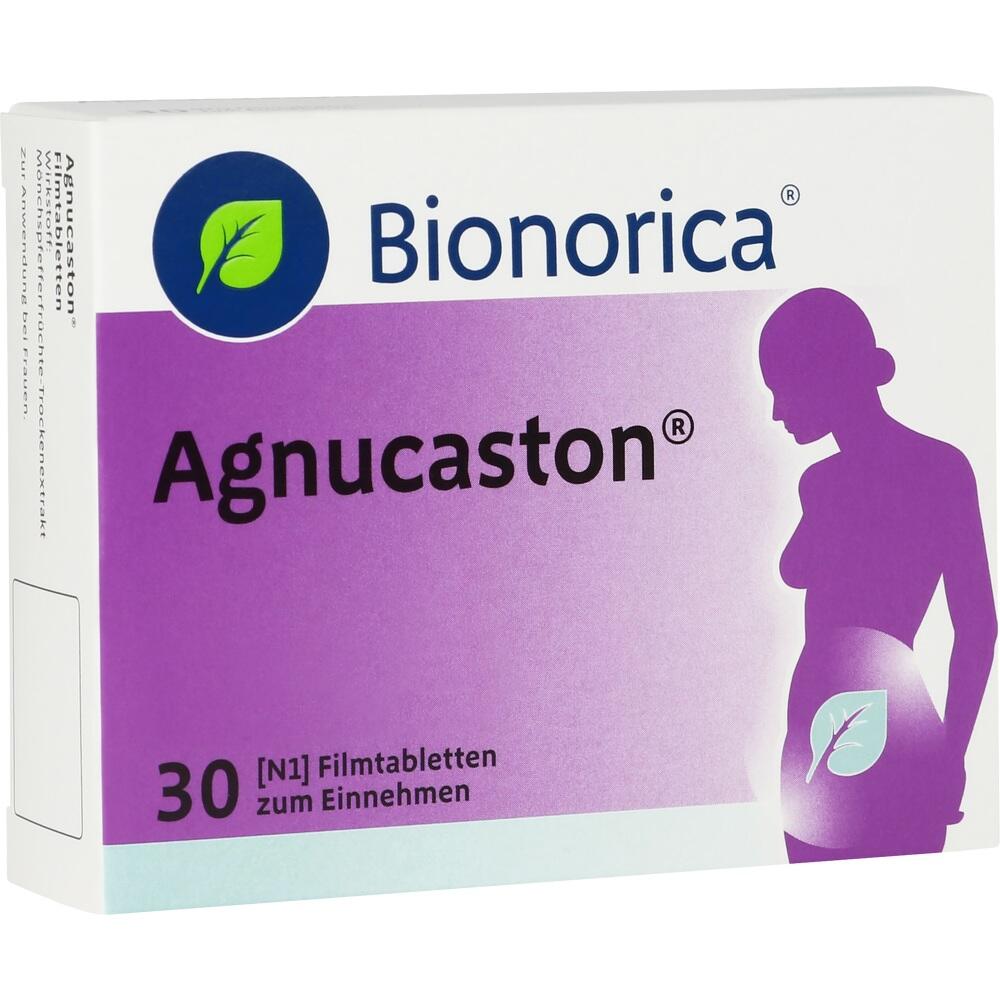 Packung mit Agnucaston-Tabletten, zeigt Frauensilhouette und Kräutersymbol.