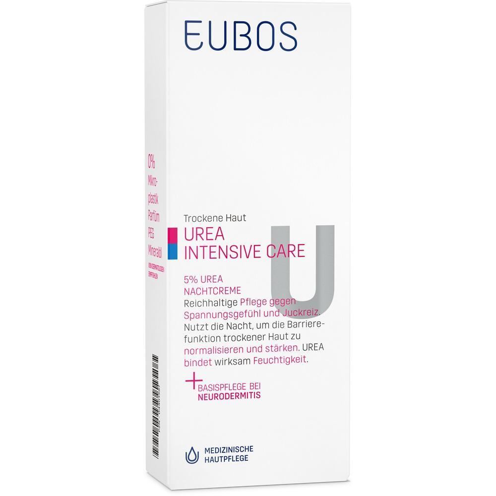 Weiße Verpackung einer Urea-Nachtcreme für trockene Haut von Eubos.