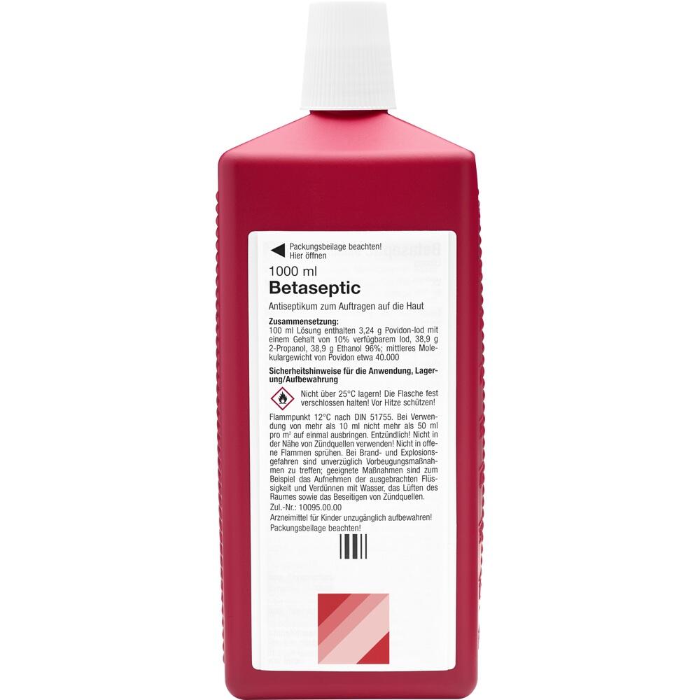 Rote Flasche mit weißem Etikett, darauf steht "Betaseptic 1000 ml".