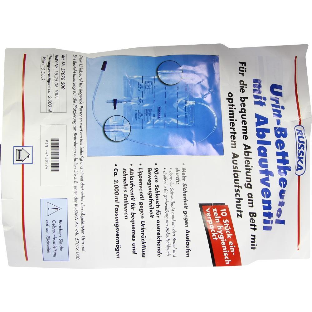 Verpackung eines Urinbettbeutels mit blauer Aufschrift und Abbildung des Produkts.