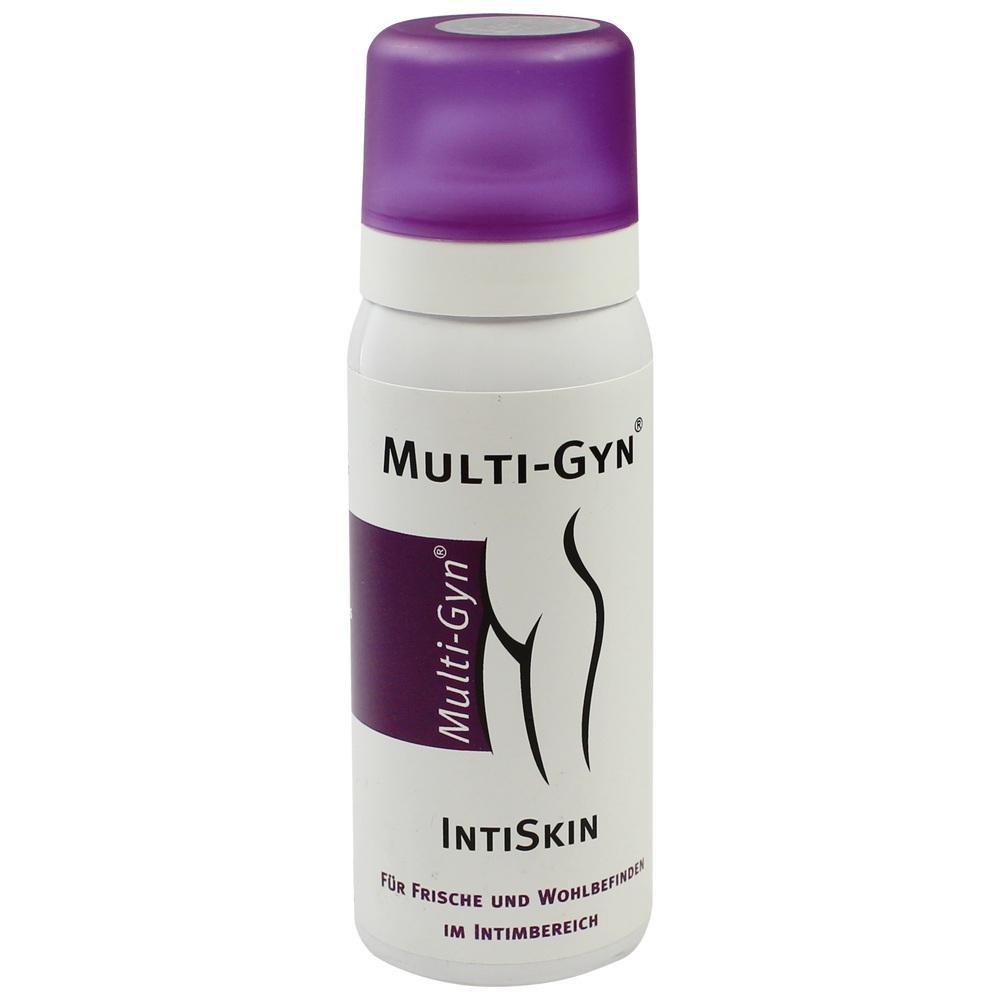 Spraydose mit violettem Deckel und der Aufschrift "Multi-Gyn IntiSkin".