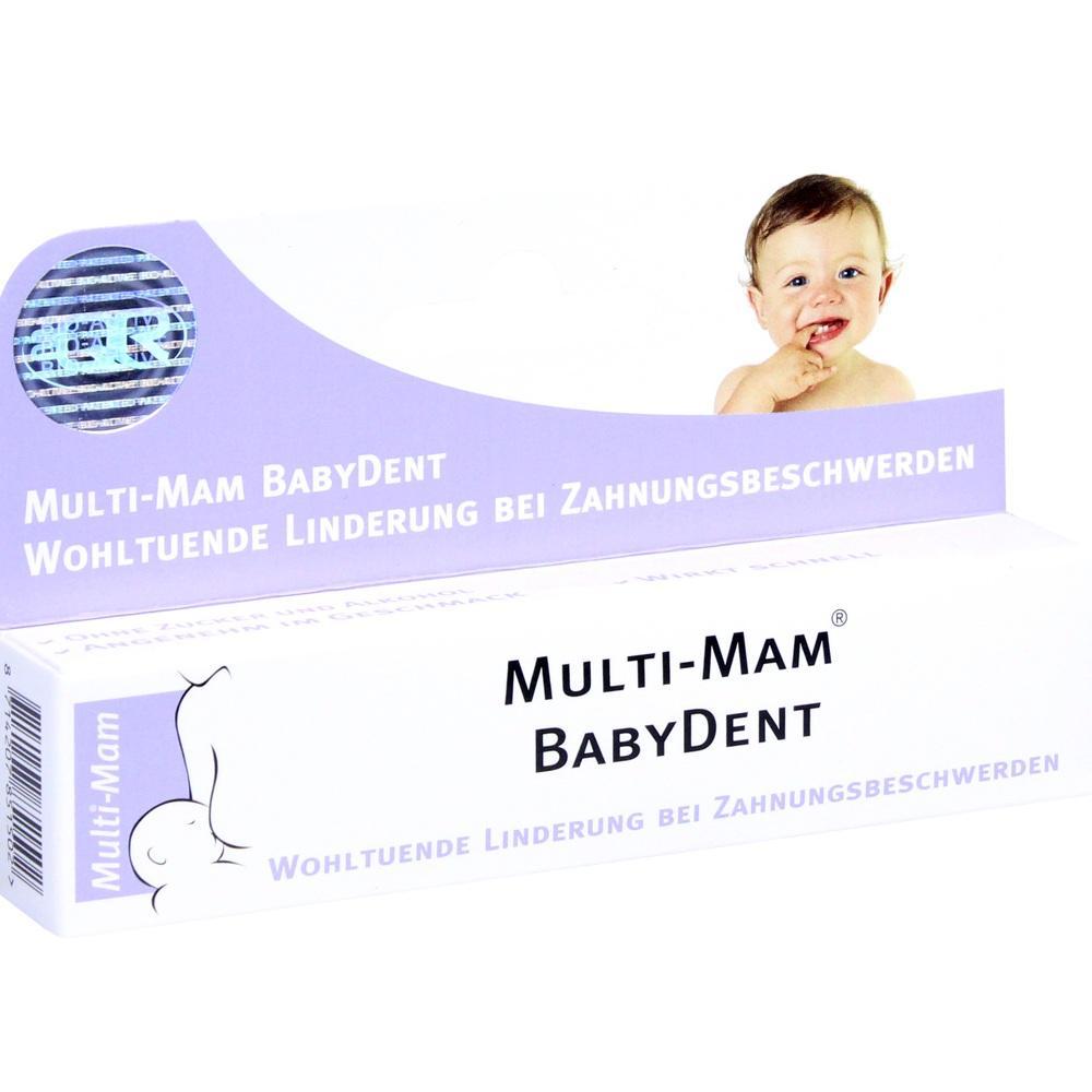 Verpackung von Multi-Mam BabyDent mit Foto eines lächelnden Babys.