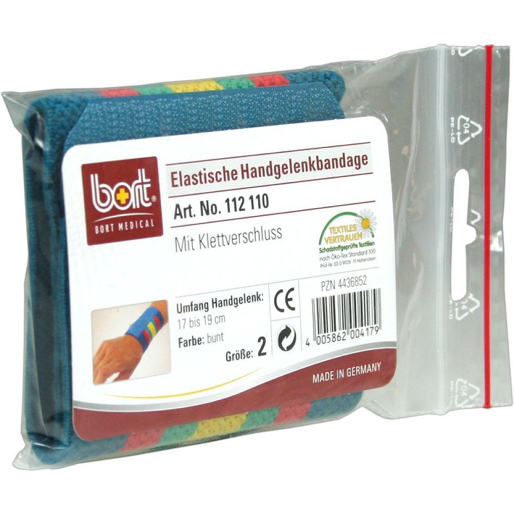 Bunte elastische Handgelenkbandage in einer Plastiktüte mit Klettverschluss.