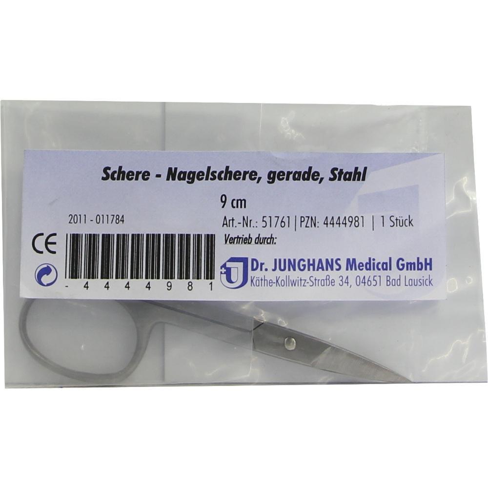 Verpackte, gerade Nagelschere aus Stahl mit Etikett, 9 cm lang.